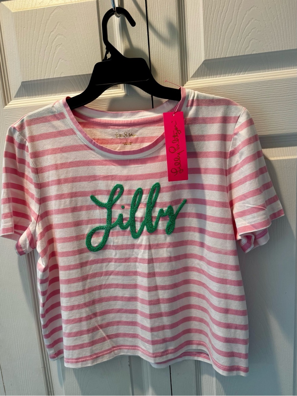 Lilly Pulitzer Women’s Pink & White Striped Tee with Green Beaded Script
